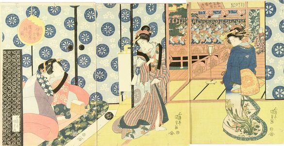 Utagawa Kunisada: Dance performance at Bizen-ya, Furuichi, Ise Province, triptych, c.1830 - Hara Shobō