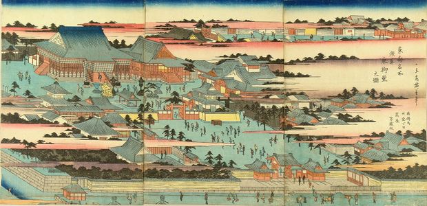 Utagawa Hiroshige: View of Asakusa Shrine, triptych, c.1832 - Hara Shobō