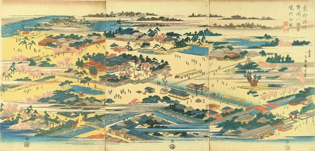Utagawa Hiroshige: View of Tomigaoka Hachiman Shrine, Fukagawa, triptych, c.1837 - Hara Shobō