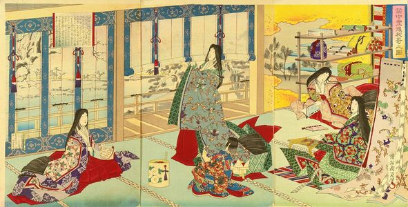 Toyohara Chikanobu: Court ladies playing poems, triptych, 1886 - Hara Shobō