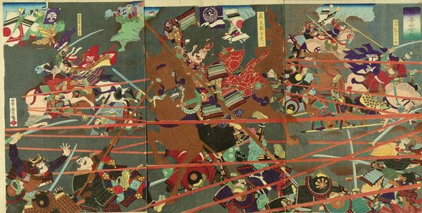 Utagawa Yoshitora: Battle of Mount Komaki, triptych, 1869 - Hara Shobō