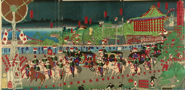 HASHIMOTO NAOYOSHI: Emperor visiting domestic exposition, triptych, 1877 - 原書房