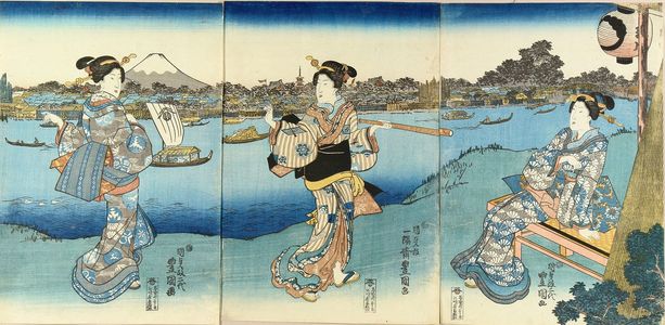 歌川国貞: Beauties on the Sumida Riverbank overlooking Asakusa, triptych, c.1844 - 原書房