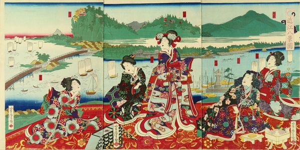 歌川芳虎: Genji and beauties on a terrace overlooking - 原書房