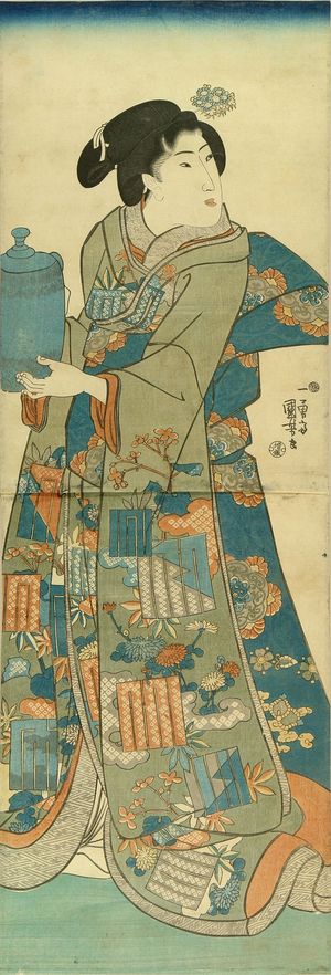 Utagawa Kuniyoshi: A beauty holging a pot, vertical diptych, c.1844 - Hara Shobō