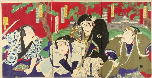 Morikawa Chikashige: A scene of a kabuki performance, triptych, 1880 - Hara Shobō