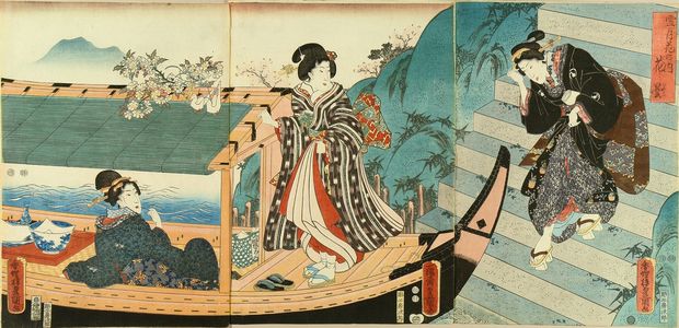 Japanese Print "Beauty boarding a boat, decorated with a cherry blossom brunch, titled" by Utagawa Toyokuni (TOYOKUNI III)