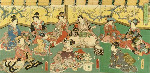 歌川国貞: Genji surrounded by beauties, triptych, 1858 - 原書房