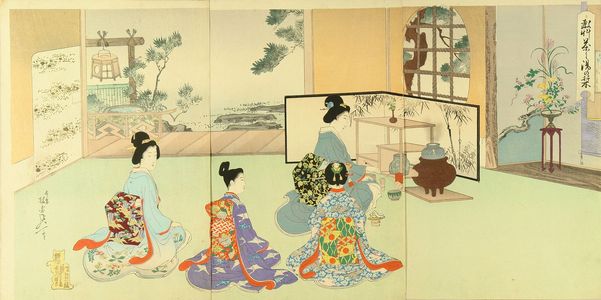 Watanabe Nobukazu: Tea ceremony, triptych, 1897 - Hara Shobō