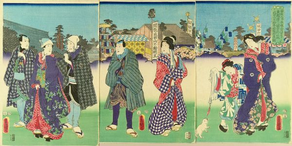 Utagawa Kunisada: Actors visiting Fukagawa Hachiman Shrine at the occasion of an exhibition of Narita Shrine, triptych, 1855 - Hara Shobō