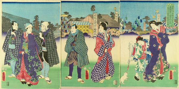 歌川国貞: Actors visiting Fukagawa Hachiman Shrine at the occasion of an exhibition of Narita Shrine, triptych, 1855 - 原書房