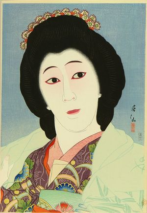 SHUNSEN: Portrait of the actor Onoe Baiko VI, in the role of Koyuri, with blue mica background, c.1926 - Hara Shobō