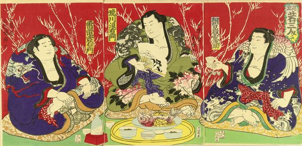 KUNITERU II: Sumo wrestlers' party, triptych, c.1875 - Hara Shobō