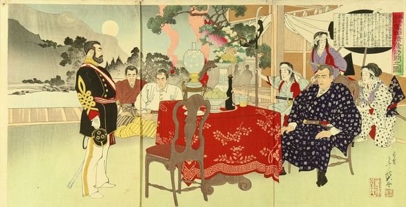 Migita Toshihide: Kuroda Kiyoteru visiting Saigo Takamori, triptych, details printed in lacquer, 1892 - Hara Shobō
