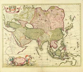 無款: Map of Japan and Asia, copperplate, hand-applied color, 1659 - 原書房