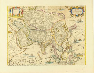 Henricus Hondius: Map of Japan and Asia, copperplate, hand-applied color, c.1660 - 原書房