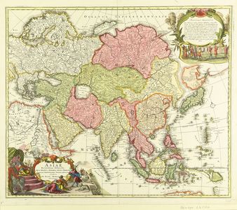 Homann: Map of Japan and Asia, copperplate, hand-applied color, c.1730 - 原書房