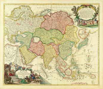 Homann: Map of Japan and Asia, copperplate, hand-applied color, c.1730 - 原書房