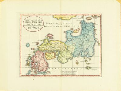 Isaak Tirionによる浮世絵「Map of Japan, copperplate, hand-applied color, 1740」