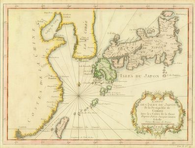 M. Bellin: Map of Japan and China, copperplate, hand-applied color, 1740 - 原書房