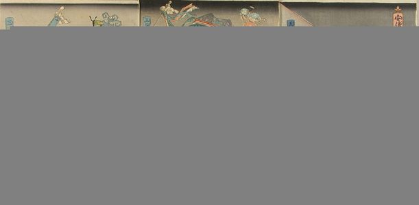 歌川国貞: Ybe no Yasunari revealing the nine-tailed fox, deiguised as Tamamo no Mae, triptych, c.1842 - 原書房