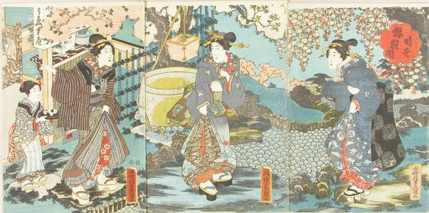 Utagawa Kunisada: Beauties by a teahouse in a cherry garden, triptych, c.1848 - Hara Shobō