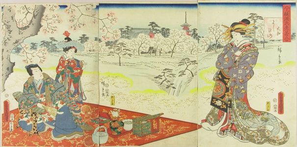 Utagawa Hiroshige II: Genji viewing cherry blossoms at Mount Yoshino, triptych, 1862 - Hara Shobō