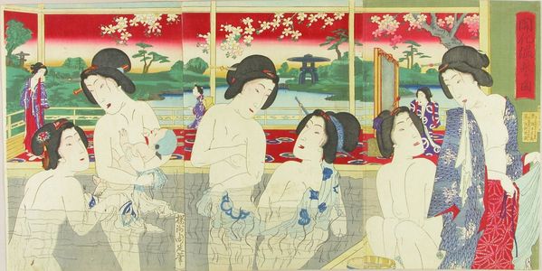 Toyohara Chikanobu: View of modern hot spring, triptych, 1881 - Hara Shobō