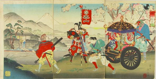 Suzuki Harunobu: A scene of the folk tale Momotaro, depicting Momotaro returns with treasures after slaying daemon, triptych, 1890 - Hara Shobō