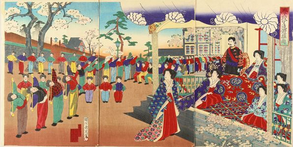 Toyohara Chikanobu: The emperor observing students' gymnastics, triptych, 1886 - Hara Shobō