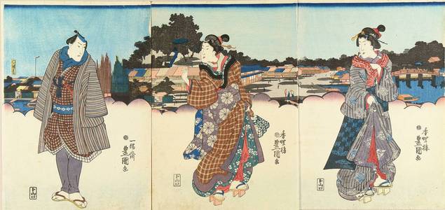 Japanese Print "Two beauties and a man before Matsuchiyama, triptych, c.1844" by Utagawa Toyokuni (TOYOKUNI III)