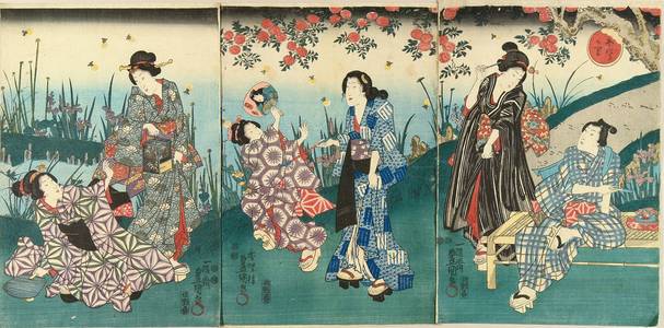 歌川国貞: Beauties viewing fireflies, triptych, c.1848 - 原書房