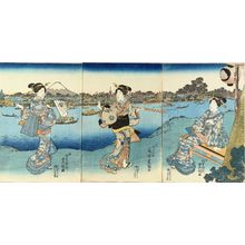 歌川国貞: Beauties on the Sumida Riverbank overlooking Asakusa, triptych, c.1844 - 原書房