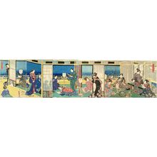 歌川国貞: Genji surrounded by beauties in a terraced room overlooking Sodegaura, six sheets, 1855 - 原書房