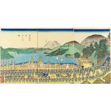Utagawa Sadahide: A daimyo procession at Hakone, triptych, 1863 - Hara Shobō