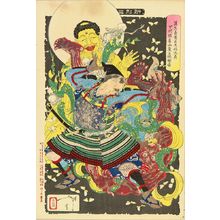 Tsukioka Yoshitoshi: Gamo Sadahide's servant, Toki Motosada, hurling a demon king to the ground at Mount inoha, from Shinkei sanjurokkaisen (The new forms of the thirty-six ghosts), 1890 - Hara Shobō