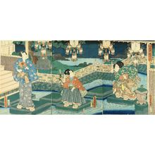 歌川国貞: Genji and a beauty by a stream in a garden, triptych, 1862 - 原書房