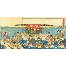 歌川国貞: Palanquin ferry at Oi River, triptych, 1858 - 原書房
