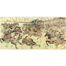 Utagawa Kunisada, 歌川国貞 (KUNISADA)による浮世絵「Battle between Minamoto Clan and Taira Clan at Taikenmon, triptych, c.1814」