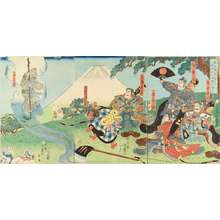 Utagawa Yoshitsuya: Minamoto no Yorimitsu meeting Sakata Kintoki, triptych, 1858 - Hara Shobō