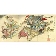 河鍋暁斎: Shoki riding on a tiger chasing demons away, titled Satsuki (Fifth month), from - 原書房