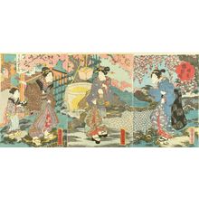 Utagawa Kunisada: Beauties by a teahouse in a cherry garden, triptych, c.1848 - Hara Shobō