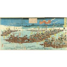 Utagawa Kuniyoshi: Troops of Minamoto no Yoritomo crossing Sumida River, triptych, c.1844 - Hara Shobō