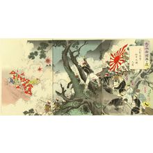 Mizuno Toshikata: A scene of Sino-Japan war, with Japanese journalists including Kubota Beisen, triptych, 1894 - Hara Shobō