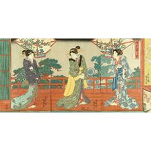 歌川国貞: Beauties on a corridor by a garden, titled Nezu, from - 原書房