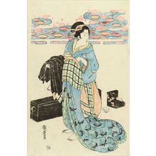 歌川広重: A standing beauty holding a black robe, c.1825 - 原書房