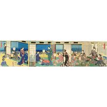 歌川国貞: Genji surrounded by beauties in a terraced room overlooking Sodegaura, six sheets, 1855 - 原書房