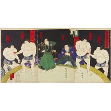 Utagawa Kuniaki: A scene after a drawn sumo match, triptych, 1876 - Hara Shobō
