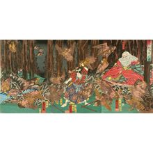 Japanese Print "Ushiwakamaru being trained by tengu in Mount Kurama, triptych, 1858" by Utagawa Kuniyoshi, 歌川国芳 (KUNIYOSHI)