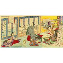 Toyohara Chikanobu: Court ladies playing poems, triptych, 1886 - Hara Shobō